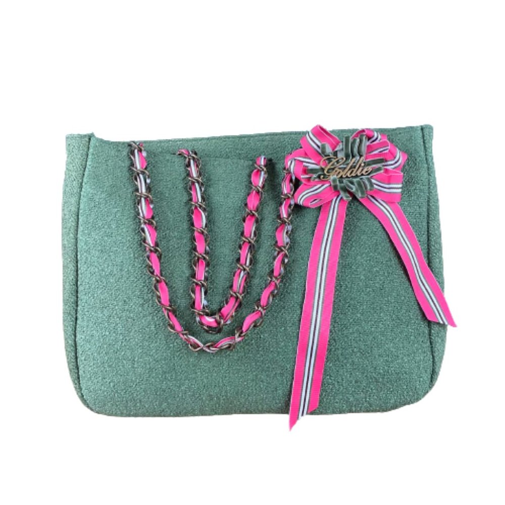 Vintage Goldie Upholstery Tote Shoulder Bag Green Pink Bow